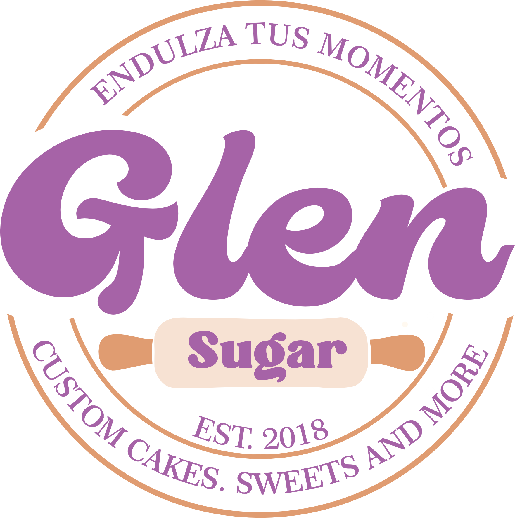 Circular logo with purple text, promoting Glen Sugar, a bakery established in 2018, offering cakes and sweets, with a black background.