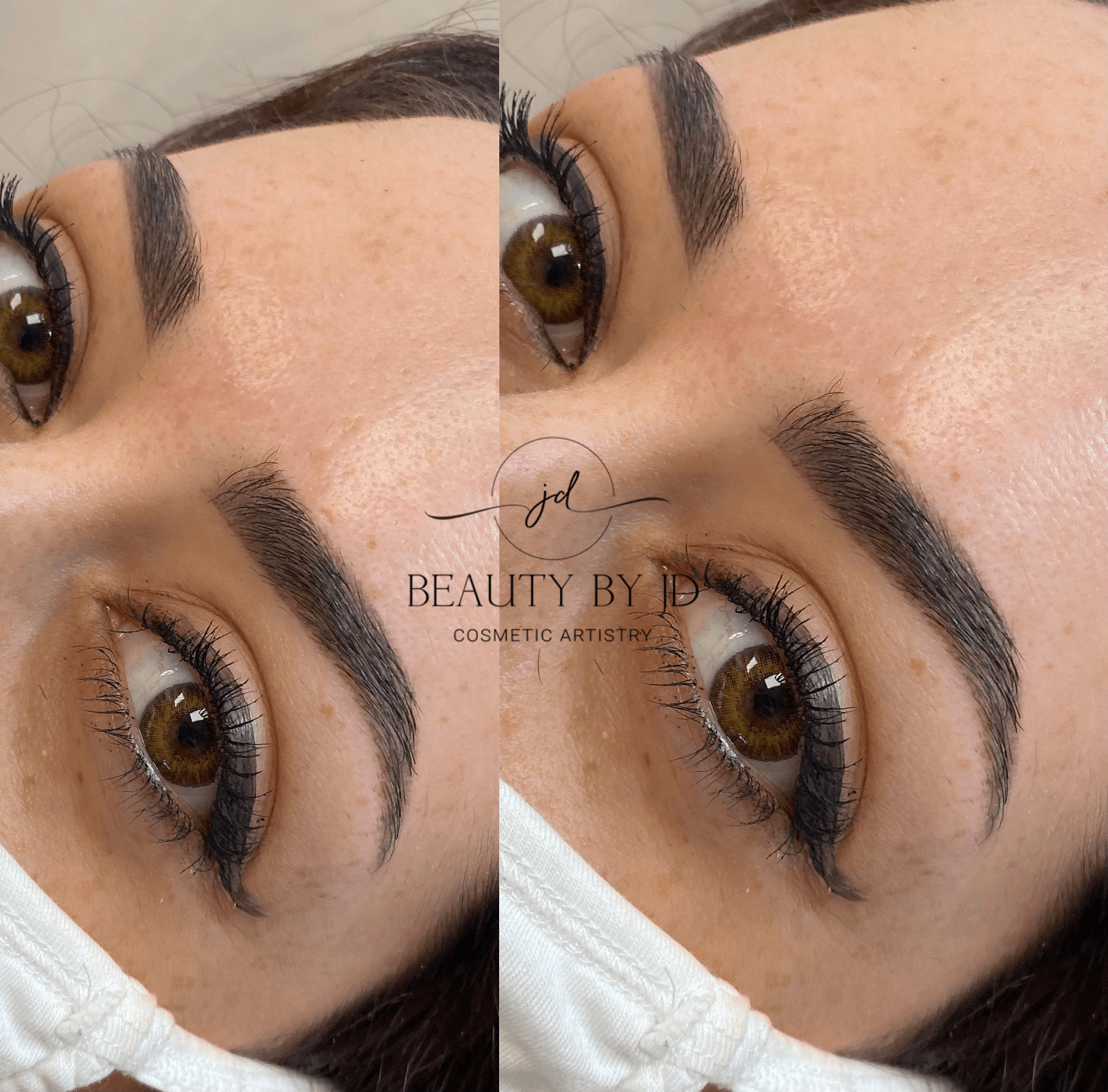 Close-up of a person's eye and eyebrow, showing makeup and skin details, with a logo overlay in the center.