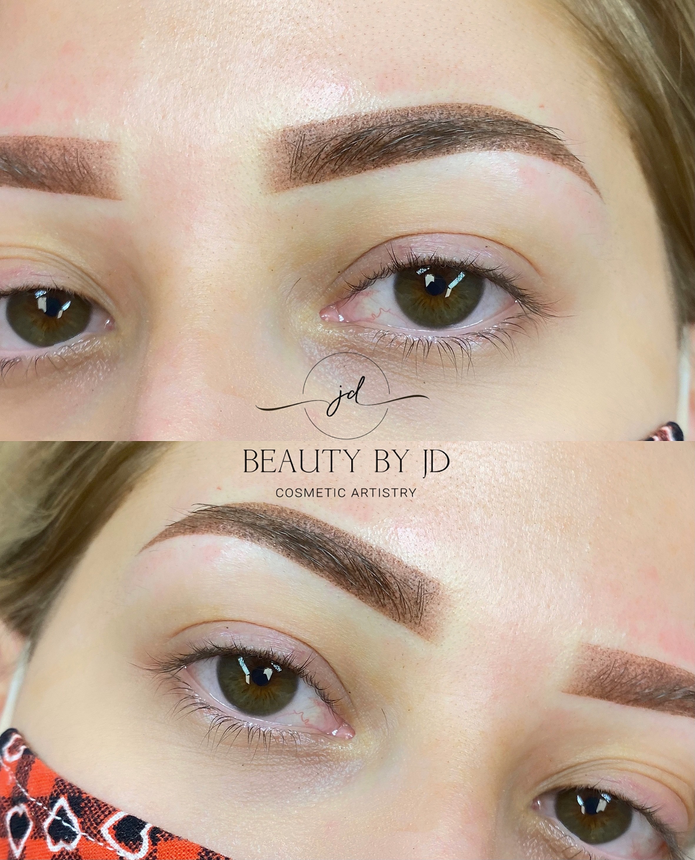 Close-up of a person's eyes and eyebrows, showing makeup and grooming, with a logo and text overlay. Word 'jad' is handwritten.